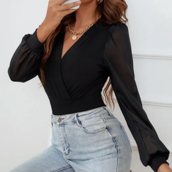 Classic Surplice Sheer Sleeve Bodysuit - Picture 3 of 6